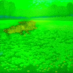 A neon green field with copied flowers painted by Georges Seurat