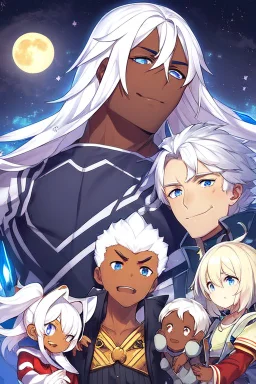 Style: Cartoon anime or manga, A boy with dark skin tone, with yellow and blue eyes, white hair, moon-shaped cheek marks, and a childish smile, he seems pretty crazy HEHE!