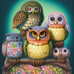 Family of cute and chubby owls multicolored by Fernando Botero and Jacek Yerka , sf, intricate artwork masterpiece, ominous, matte painting movie poster, golden ratio, trending on cgsociety, intricate, epic, trending on artstation, by artgerm, h. r. giger and beksinski, highly detailed, vibrant, production cinematic character render, ultra