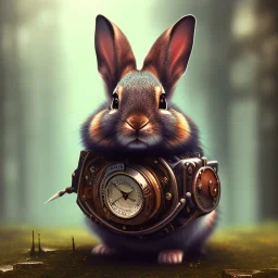 steampunk rabbit, extremely detailed, UHD, 8k,The close-up camera effect,sharp focus,perfect, background forest,position,hyperphotorealistic