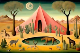 A desert oasis with animals by artist "Henri Rousseau",by artist "Leonora Carrington""