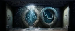 photorealistic strange paleozoic hydra 3-foot "dimensional portal made of subatomic particles" in a gigantic Neanderthal jeweled palace hyeroglyphs on the walls, thunderbolt storm