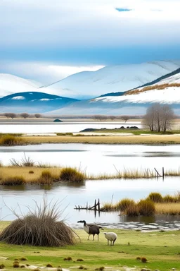 paisaje del sur argentino, con lago, día frio y nevado, incluyendo varios animales autóctonos bien definidos( ciervos, peces, aves, etc.)