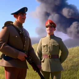 A WW1 Era Soldier looks at a battlefield that is on fire