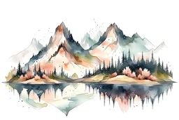 Watercolor mountains spring landscape, reflected, spring theme, earth colors, splatter style, white background, no shadow, high detailed, 8K, suitable for photos, logo design, isolated white background, cinematic lighting effect, charming, bokeh, digital painting, soft lighting, isometric style, 4K resolution, no shadow, photorealistic rendering, highly detailed clean, vector image, photorealistic masterpiece, professional photography, simple space backdrop, flat white background, isometric