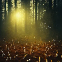 a forest made of cigarette butts. post-apocalyptic, hyperdetailed, lens flare, bokeh, low-key lighting, kodachrome