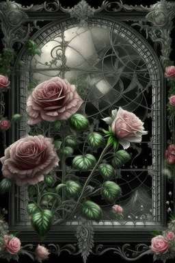 63. beautiful landscape elegant blooming pink roses and daisies, lots of greenery, sequins, dew filigree, smoke fractal, spiral space outside the window, hyperrealism, glitter, glare, hyperdetalization. vintage, inlaid outline in black pencil, aesthetically pleasing, beautiful, realistic, high resolution, high detail