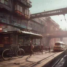 in a german atompunk city with bicycles and a monorail, highly detailed,lighting, 8 k, hdr, award - winning, octane render, artstation, volumetric lighting