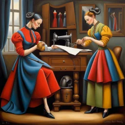 Two tailor women making a dress, fantasy style by artist "Catherine Abel" highly detailed elegant beautiful crisp quality, colourful, by artist "Jean Baptiste Monge"