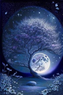 a background of softly blended blues, greys, silvers, purples, and whites with distant, twinkling stars in the sky, an a spherical serene moon, casting a soft glow of light on a foreground of a field of various flowers surrounding a tree of life