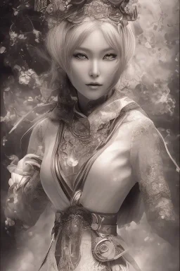 Perfect hitomi tanaka face, geisha clothes, fullbody, intricate, highly detailed face, highly realistic, fog, fire, particles