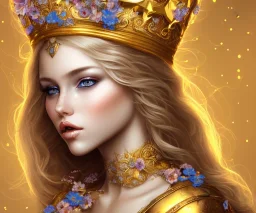 divinita donna meravigliosa occhi chiari e capelli biondi, con corona oro e blu vestita di fiori e veli trasparenti, glitter