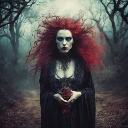 Conceptual surreal and otherworldly full body portrait photograph of a Vampire Sorceress , with highly detailed hair and facial features in the photographic style of Jerry Uelsmann, sharply focused, cross processed color image using color slide film with C-41 color negative chemicals, with fine ink overlays, 8k, cinematic horror atmosphere