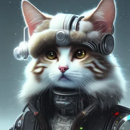 Cyberpunk Portrait of cyborg cat child with brown hair and with cute face, north pole snowy vibe , perfect composition, hyperrealistic, super detailed, 8k, high quality, trending art, trending on artstation, sharp focus, studio photo, intricate details, highly detailed, by greg rutkowski