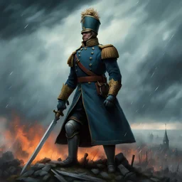 a heroic humanoid cactus wearing a blue prussian uniform, standing on a medieval battlefield, raising an officer sabre to the sky, during a storm, dark sky, burning sky, tattered banners, siege engines