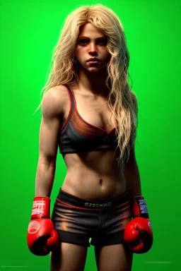 portrait, Shakira, blonde artist, angry, Realistic image, boxing robe, hoodie, mouthguard. loose long hair, eyes make up, perfect, glow, circle iris. Neon colors, leds, geometric shapes. Dark background, photo studio, neon lights. concept art, smooth, unreal engine 5, god lights, ray tracing, RTX, lumen lighting, ultra detail, volumetric lighting, 3d, finely drawn, high definition, 4k.