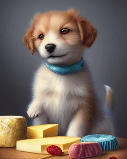 cute puppy eating cheese, art deco, romanticism, watercolor, visual novel, cheerful, furry, sleepy, rembrandt lighting, colorful lighting, blue, teal, aqua, red, purple, yellow, black, detailed, masterpiece