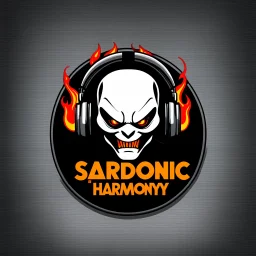 minimalist logo for rock band orange text "SARDONIC HARMONY" in a futuristic robotic font, sinister evil marshmallow head with headphones and red flames, dark negative space, by Salvador Dali and H.R. Giger