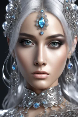 AI 3d photo realistic portrait of young woman, beautiful, shiny hard eyes, make up, Fantasy style, shiny baubles, ornate, large gemstones, shiny molten metalics, shiny wire filigree, silver hair, high definition, high res, octane render, 64k, 3d