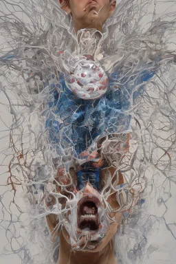 Capture the essence of anxiety through an art piece depicting a person's struggle with overwhelming pressures with a vacuumed plastic covering a person's face and he can't breath