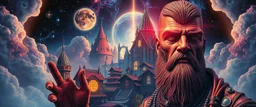 portrait of inter-galatic handsome power broker , the first nation, witchcraft, cyberpunk village, sci-fi, strange chrome vessels, volume light from stars through clouds, goa trance poster