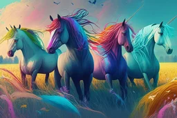 illustration fantasy horses of different colors in a field
