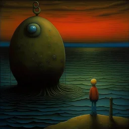 Surreal horror style by Pawel Kuczynski and Joan Miro and Bridget Bate Tichenor and Arthur Secunda, surreal abstract art, childhood deep fear of being alone, abstract anthropomorphic paradox midnight, weirdcore, dark oil painting