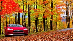 A Tesla's 'Model S Plaid' is racing at top speed, across the 'Great Smoky Mountains' National Park, in Tennessee. CINEMATIC. WIDE ANGLE LENS. PHOTO REAL.