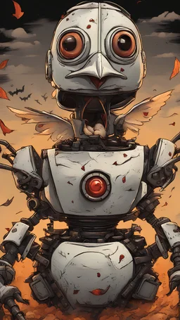 a chicken robot as a halloween horror movie, high detail