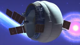 large wheel shaped space station orbiting an alien planet