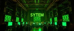 master oil painting by Rembrandt, giant industrial halls green tube lighting choir vocals ancient-celtic-meets-cyberpunk imagery synchronized mechanical drumming flickering CRT screens saying SYSTEM STABLE