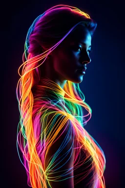 (Ultra Long Exposure Photography)) high quality, highly detailed, Colorful beautiful woman silhouette made of ultra bright neon strings, beautiful silhouette, by cavani