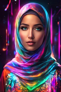 Beautiful woman with hijab dress art neons glowing bright light in the dark and colorful details, light explore background.