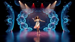 modern stage with a beautiful lady in modern clothing dancing, 3D recursive fractal structure animating background