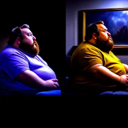 (fineart:1.5, masterpiece1.5) (realism:1.5) award winning picture of award winning fat, beardedd, 'fat man' (watching tv:1.8),, two panels, 50 percent is taken from the point of view of the tv, the other 50 percent is a side angle medium shot of the 'fat man'