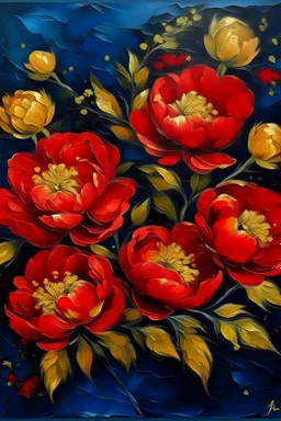 painting of Red small Peonies flowers with gold flowers in center of canvas dark blue background