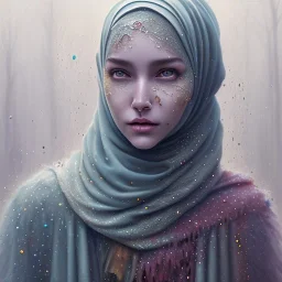 dripping, runnt, melting watercolor painting as woman's face, wearing hijab, fine detail, highly intricate, modern surrealism painting, fog, high-quality, volumetric lighting, 8k, ultrahd, George Grie, Marco Escobedo, Igor Morski,Brian Froud, Howard Lyon, Selina French,