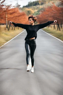 A full-body shot of a beautiful lady wearing shirt and tight pant with boots ,short hair