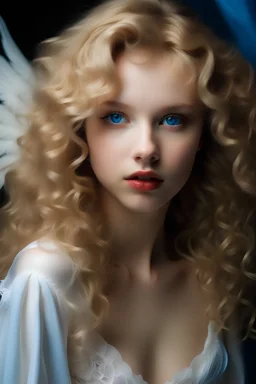 femme blonde, longs cheveux blonds bouclés et flottants, grands yeux bleus, lèvres boudeuses, peau de porcelaine, longs cils, ailes blanches, robe blanche, ruban de satin blanc,