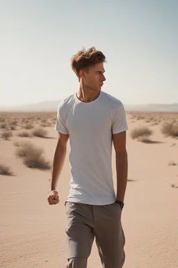 A 25-year-old boy in a men's sports t-shirt is walking in the desert, thinking with his head down and smoking a cigarette