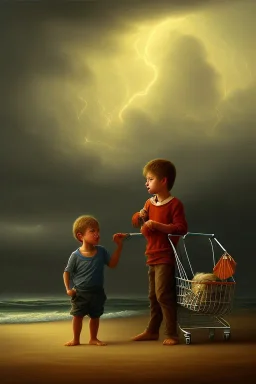 painting of young boy standing and old man sleeping on beach, dark storm clouds overhead, gloomy, bleak, shopping trolley, ship at sea, little fires