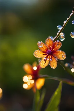 Morning Dew Serenity: Picture a delicate fluorescent glass flowers in the early morning light, adorned with glistening dewdrops. Sharp focus . Iridescent colors with intricate details. The tranquility of the scene mirrors the quiet strength that comes from embracing stillness and finding inspiration in the simplest moments.