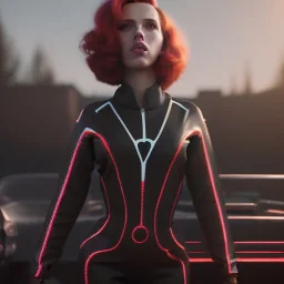 retro sci-fi portrait image from 1960, supermarket parking explosion, fire, classic black widow, young Scarlett Johansson, classic tight lycra suit, soft color, highly detailed, unreal engine 5, ray tracing, RTX, lumen lighting, ultra detail, volumetric lighting, 3d, finely drawn, high definition, high resolution.