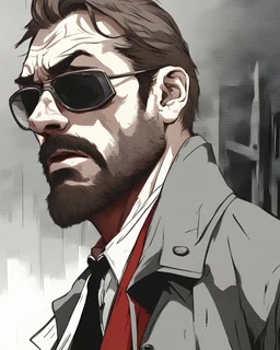 a young man with big muscles who looks like hans gruber wearing a heavy coat and red sunglasses staring with an irritated look on his face