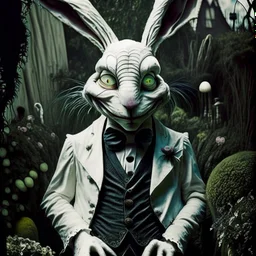 portrait of strange, creepy alien looking white rabbit with evil frown on face from Alice in Wonderland wearing a waistcoat, in garden, Tim Burton, Dr Suess, Terry Gilliam, Salvador Dali, dark moody,dystopia, sinister, evil, bizarre, nightmare