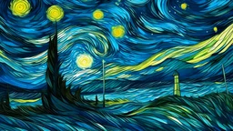 Illustration of wind turbines in strong mystical winds at night in a raging ocean in the style of Vincent van Gogh and Kanagawa