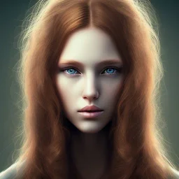 face of a young woman head and gaze downcast with fine features and long ginger hair