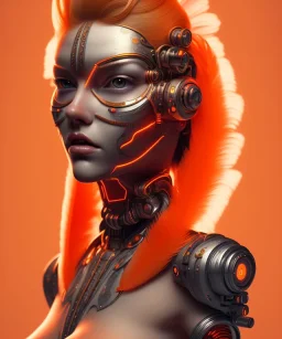 A beautiful portrait of a cute cyborg woman orange color scheme, high key lighting, volumetric light high details with white stripes and feathers and indian paterns and wimgs