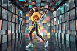 beautiful lady with todays modern clothing and sport shoes, in surreal stage made of fractal random size recursive objects with helical strip colors in clothing similar to environment full body dancing to camera,animating background metallic random color cubes