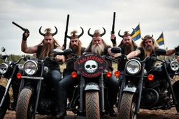 a very hard and tuff motorcycle young gang with viking hair, not old, posing with their Harley Davidsson bikes, some of them holding guns and shotguns, a logo sign with "FALKÖPING HD", "FEARLESS SINNERS" Skulls and bones, skeletons and fire, Sweden vikings DEMONS, Swedish flags on bikes